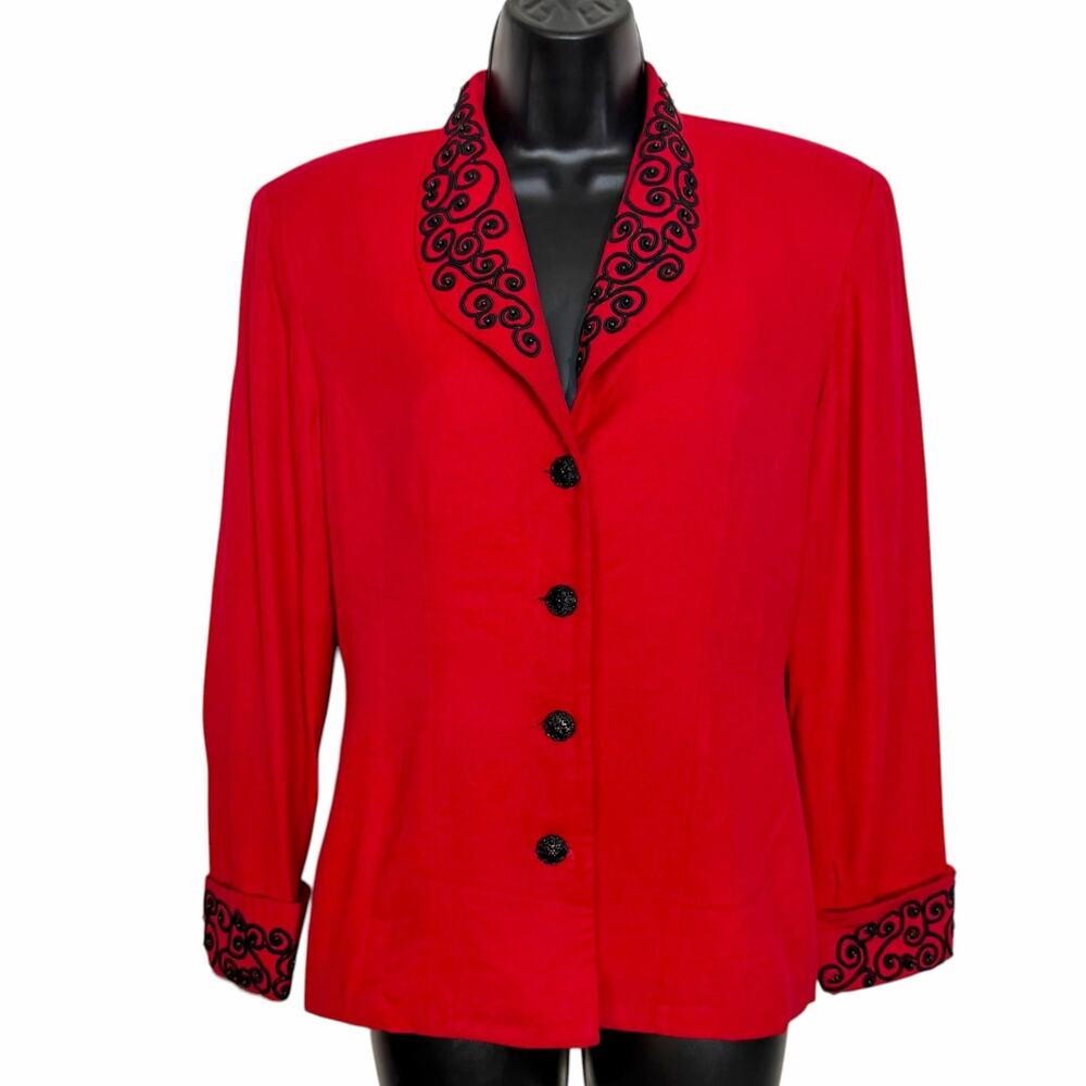 VINTAGE 80s 90s RED & BLACK BEADED & EMBELLISHED BLAZER BY PLAZA SOUTH SIZE 6